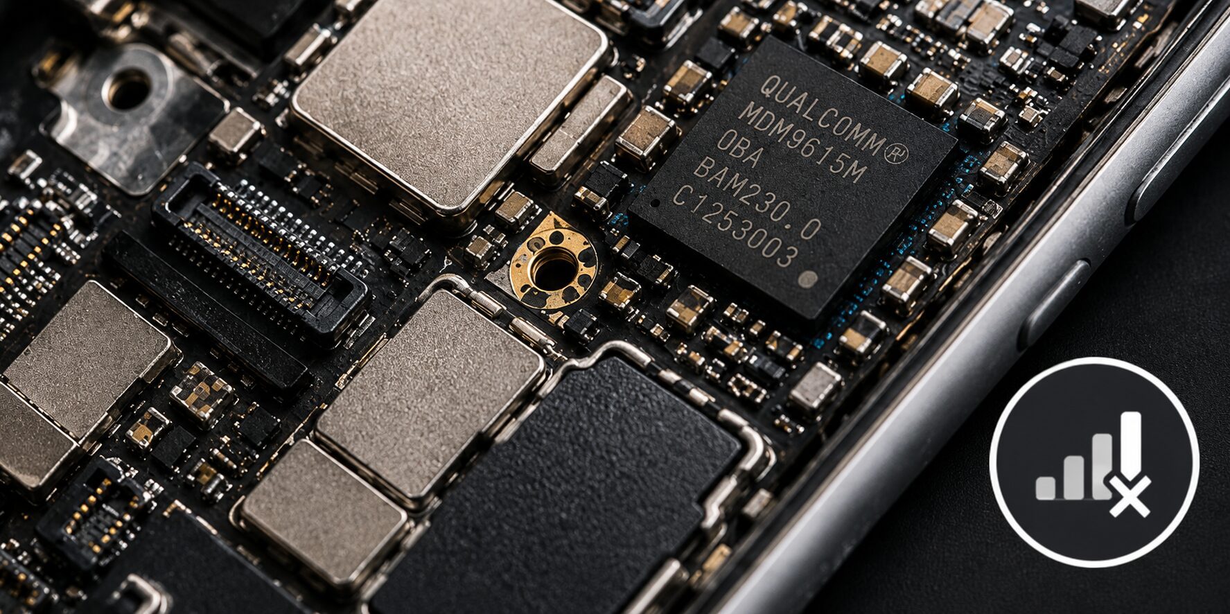 Chip Baseband en la placa base de un iPhone relacionado con fallos de cobertura.