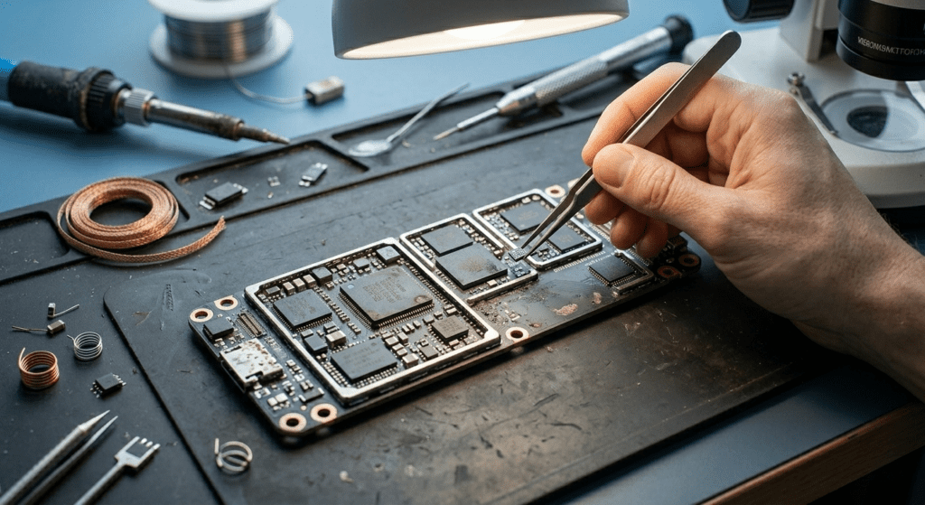 Técnico realizando una reparación placa base de iPhone con herramientas de micro soldadura