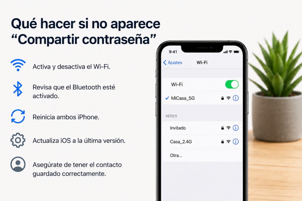 Soluciones cuando no aparece compartir contraseña en iPhone